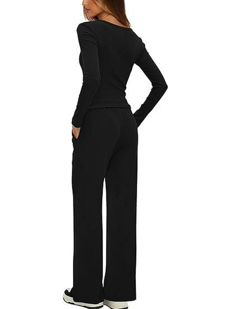 European & American Women's Solid Color Long-Sleeve Two-Piece Button Round Neck Pants Set
