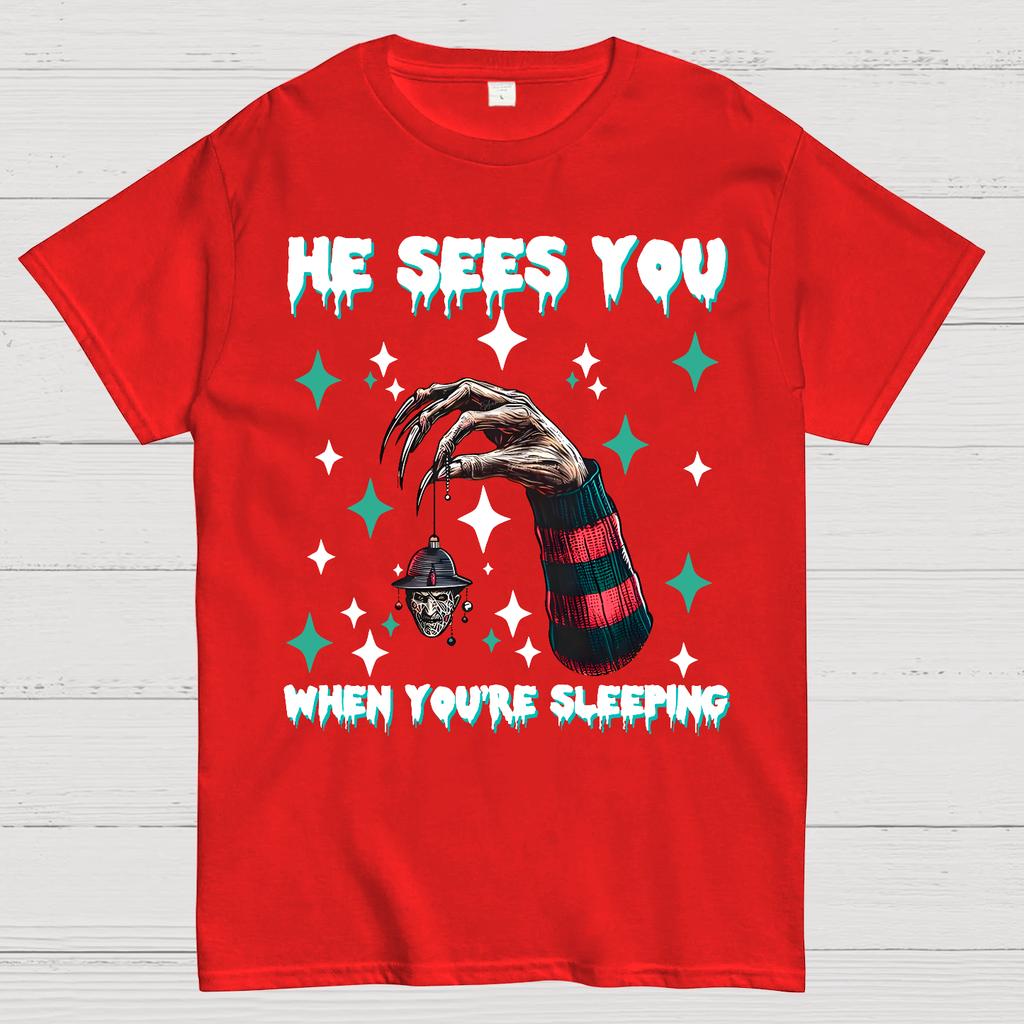 Horror Christmas He Sees You When You Are Sleeping Cotton Summer Casual Cool Loose T-Shirt