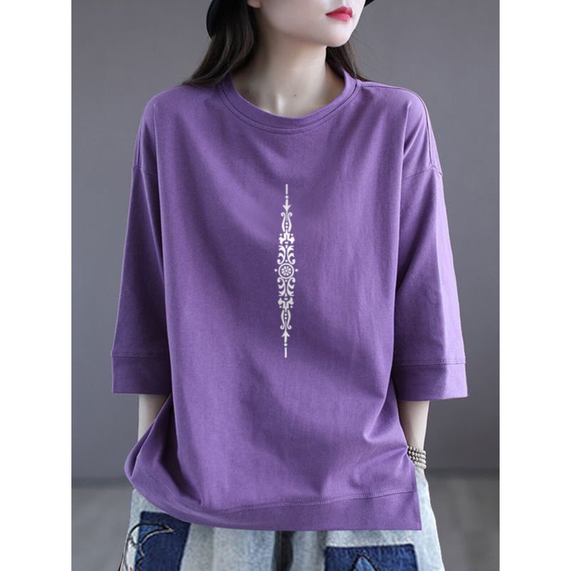 Foreign Trade Export Clearance 100% Cotton 3/4 Sleeve Fashion T-shirt Women Simple and Versatile round Neck Half Sleeve Split Top