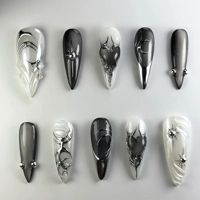 24Pcs 3D Green Ripple Design False Nails Cat's Eye French Almond Fake Nail Tips Leaves Pattern Removable Oval Press on Nails