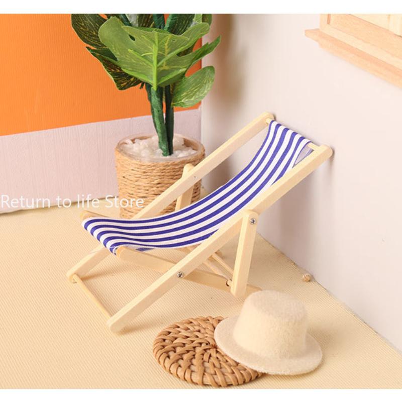 1:12 Mini Wooden Beach Chair Miniatures Home Scene Furnishings Emulational Furniture Model Dollhouse Home Decoration Play House