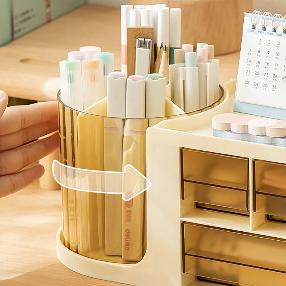 Double Rotation Drawer Pen Holder Desk Stationery Storage Pencil Container Students