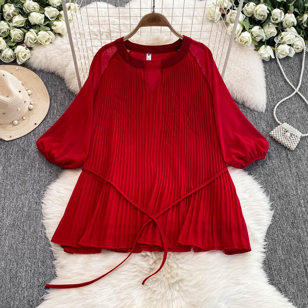 Spring Summer Women Pleated Two Piece Set Elegant V-Neck Draped Chiffon Blouse + High Waist Wide Leg Pants 2Pcs Suit Female New