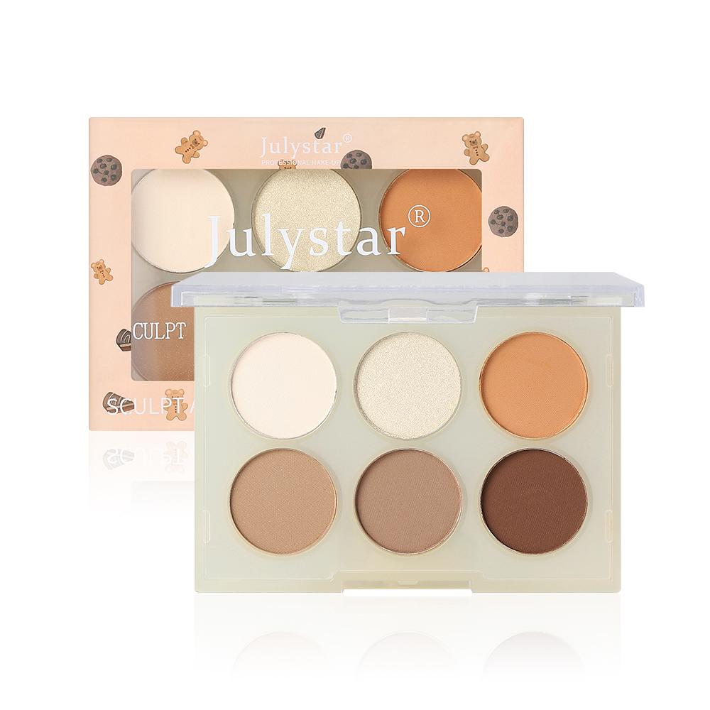 Julystar 6 Color Face Contour Palette Shimmer Highlighter Powder Matte Bronzer Palette Long Lasting Waterproof Sculpting Shadow Palette Cosmetics