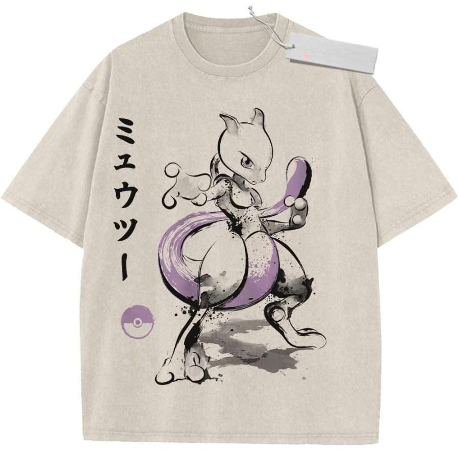 Beige Unisex Pure Cotton Washed Short Sleeve Sports T Shirt Vintage Anime Pikachu Cosplay Style Ninja Print