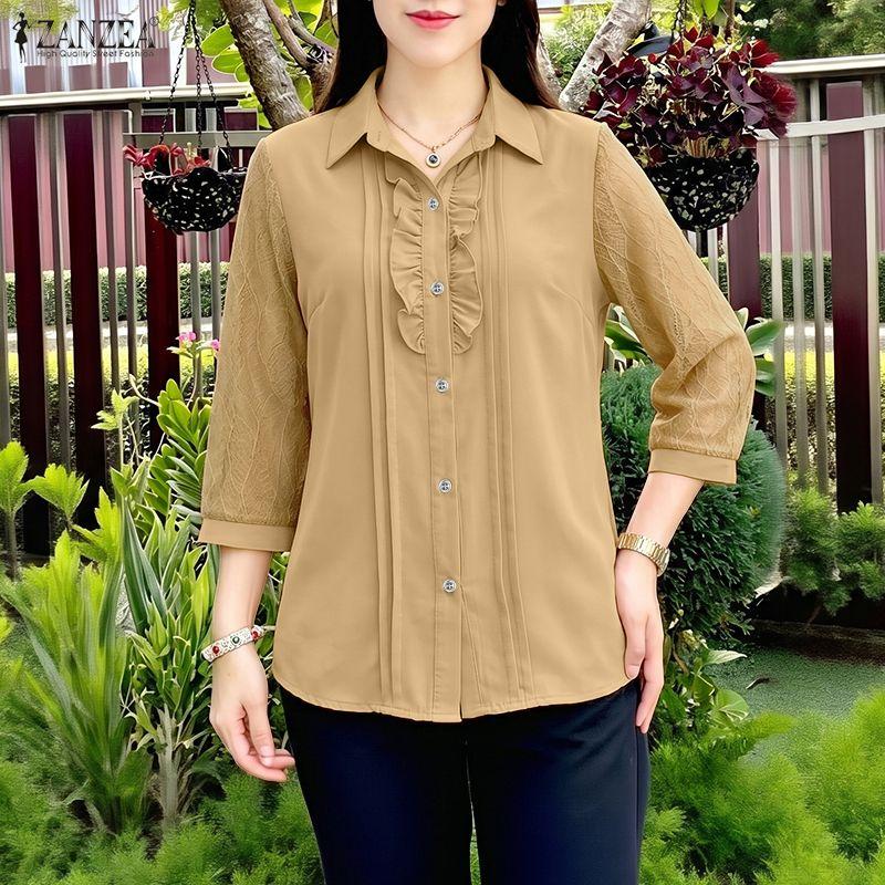 ZANZEA Blusa Casual para Mujer con Cuello Solapa, Encaje y Mangas 3/4