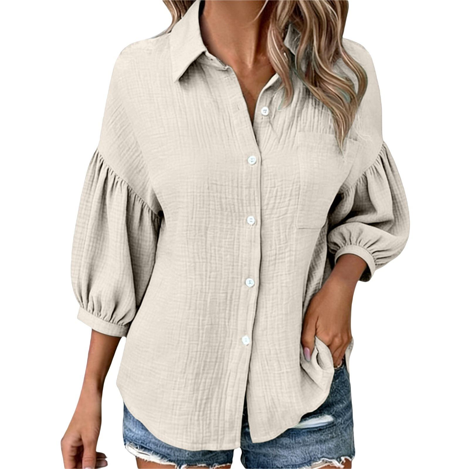 Women s Fashionable Loose-Fit -Color Casual Button-Down Shirt L бежевый