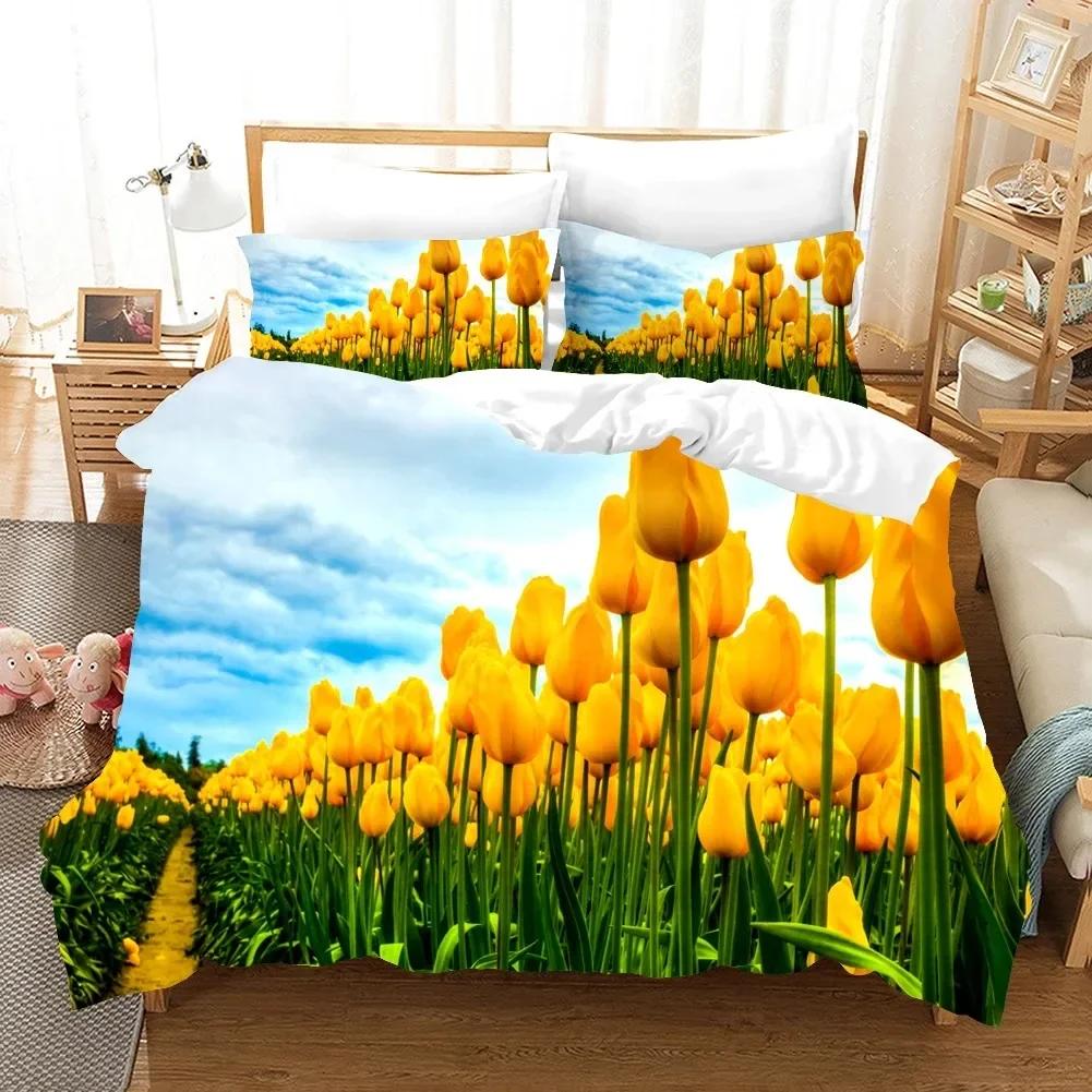 Fiori Tulipano Rosa Paesaggio Elegante Set Biancheria da Letto Singolo Gemello Matrimoniale Queen King Cal King Size Letto Set in Lino