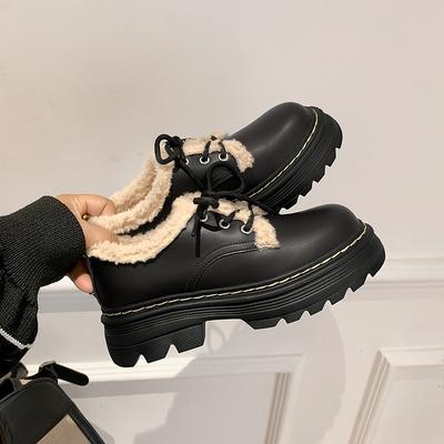 Warme und samtige Winterschuhe für Damen, Schnürschuhe, flauschige Schuhe, britischer Stil, kleine Lederschuhe, dicke Sohle, höhenverstellende Einzel-Schuhe