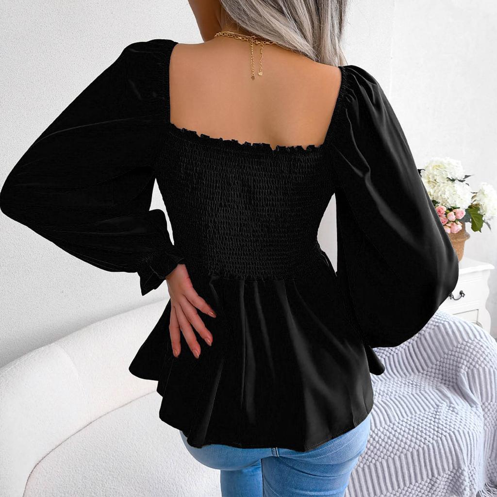 Women's Casual Fashion Solid Color Ruffled Square Collar Long Sleeve Chiffon Shirt