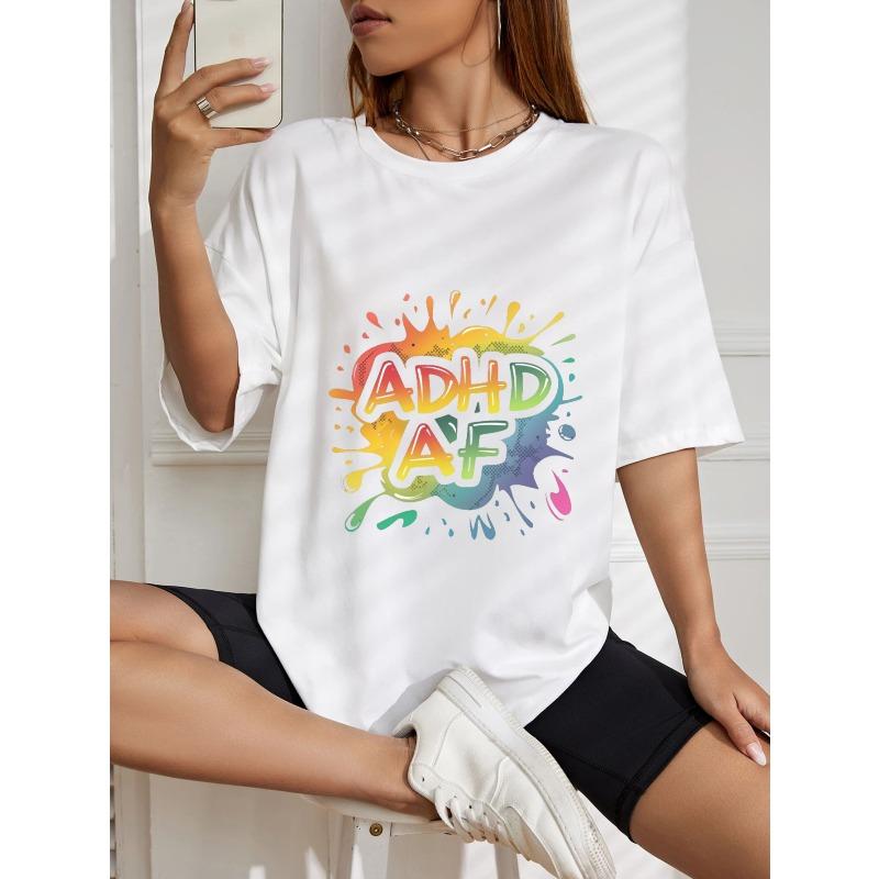 Vintage Oversized T-Shirt with Rainbow Splatter "ADHD AF" Graphic Print – Edgy Streetwear Style Top