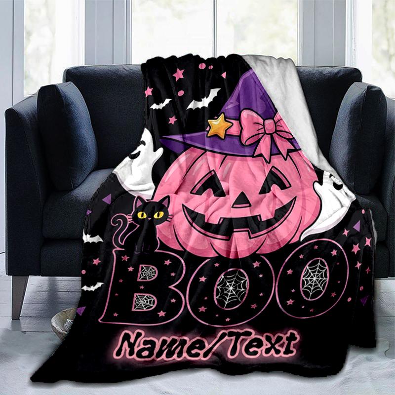 1PC Custom Name Halloween Pumpkin Boo Night outdooor Flannel blankets Throw Blanket All-Season Throw Gift Bedspread for Couch, Bed, Camping Holiday Bi
