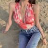 Tie-Dyed V Neck Halter Slim Exposed Navel Sleeveless Crop Tank Top