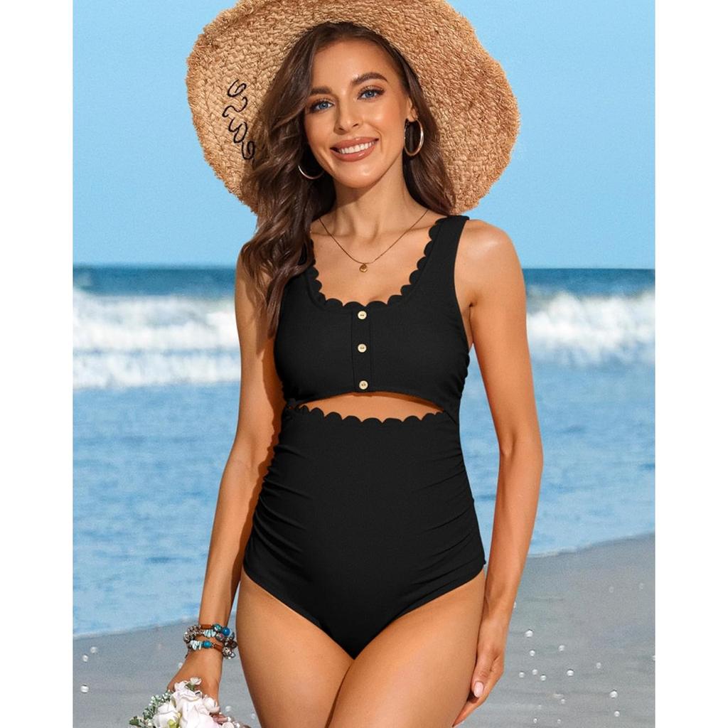 CHARMLEAKS Umstands-Einteiler-Badeanzug, gewellter, ausgeschnittener, gerüschter, hoch taillierter Schwangerschafts-Badeanzug mit U-Ausschnitt
