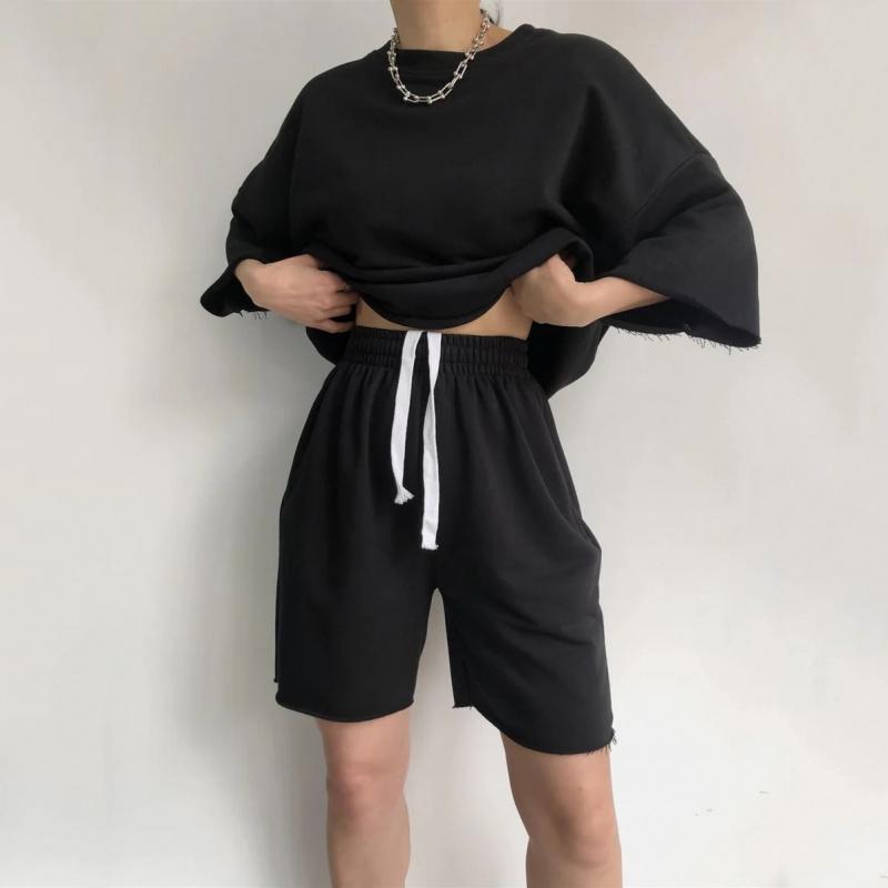 Street Style New Casual Outfit For Women, Short-Sleeved Round-Neck Loose Top + Tie Shorts Two-Piece Set