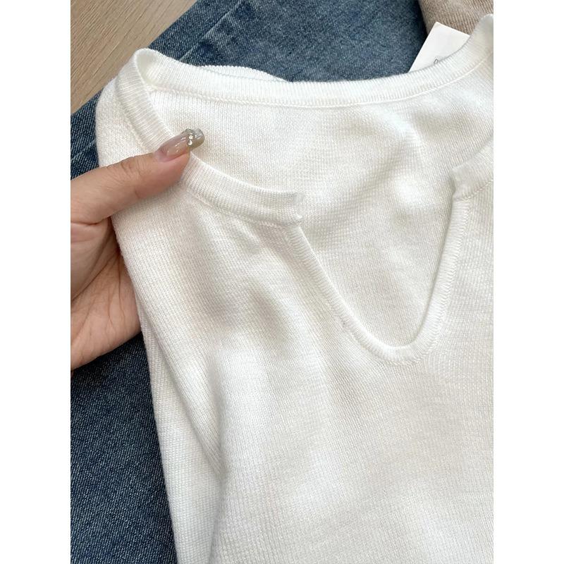 Lazy and relaxed soft waxy collar front shoulder bottoming top women's spring loose and thin inside knitted long sleeves