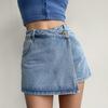 Shorts vaqueros de cintura alta estilo A para mujer, nuevo estilo de verano, color claro, diseño de dos piezas simulado, minifalda vaquera elegante
