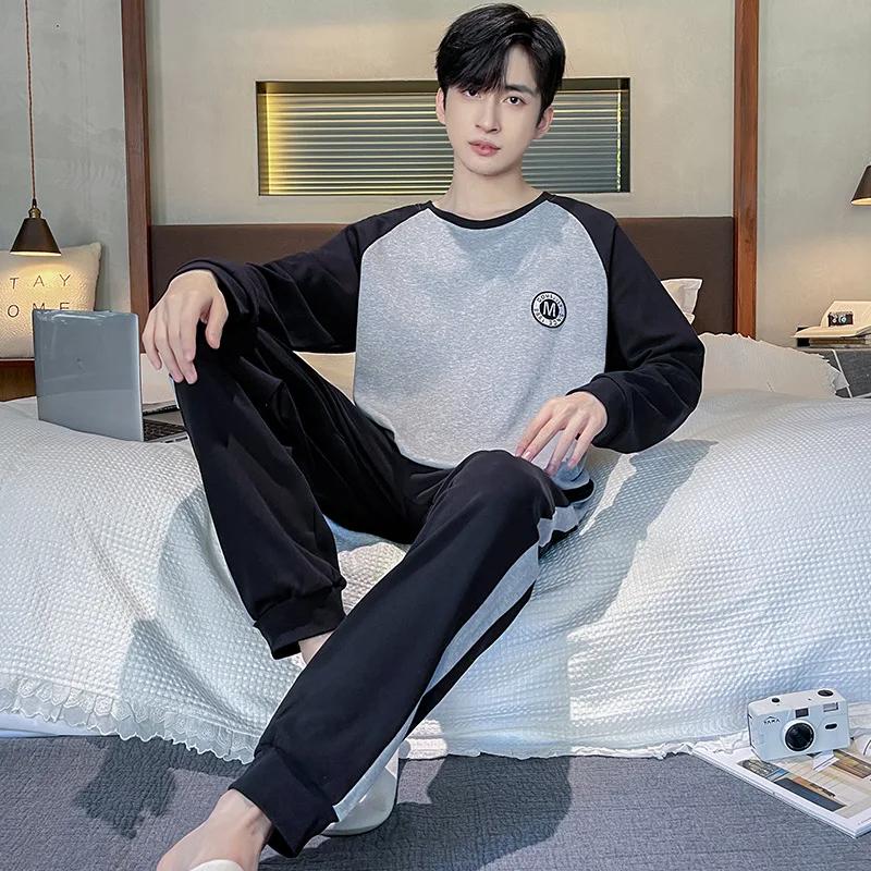Frühlings-Baumwollpyjamas Herren Lounge Schlafbekleidung Blau Kariert Pijama Herren Morgenmantel Hauskleidung PJ Pijama Hombre