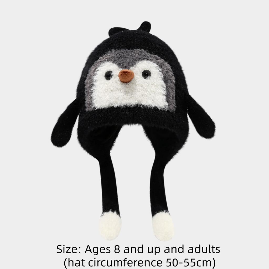 Cartoon Sweet Cute Penguin Ear Flap Hat Winter Outdoor Warm Thickened Plush Windproof Soft Pullover Hat Children's Gift