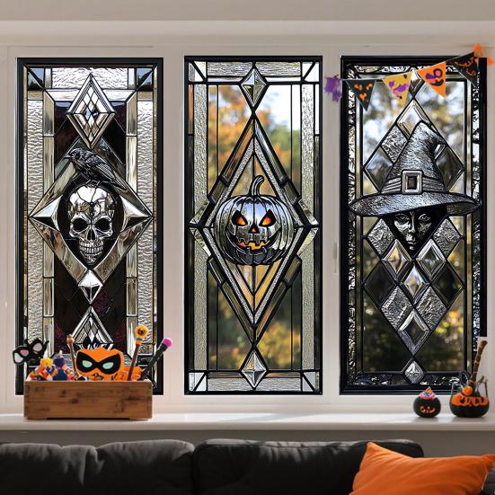 Halloween Window Cling Waterproof PVC Skull Spider Pumpkin Witch Grim Reaper Static Glass Sticker Home Office Party Decoration Decal