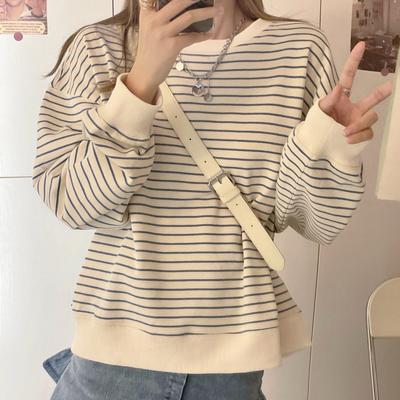 Maglione da Donna Autunno Inizio Nuova Versione Coreana Design Ampio Top a Righe Girocollo Pullover Maglietta a Maniche Lunghe
