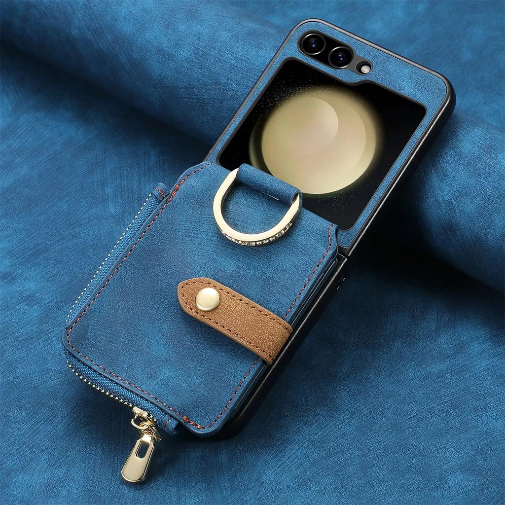 Zipper Cards Solt Purse Ring Holder Vintage Leather Wallet Case for Samsung Galaxy Z Flip 7 FE 6 5 4 5G Flip5 Bag Stand Cover