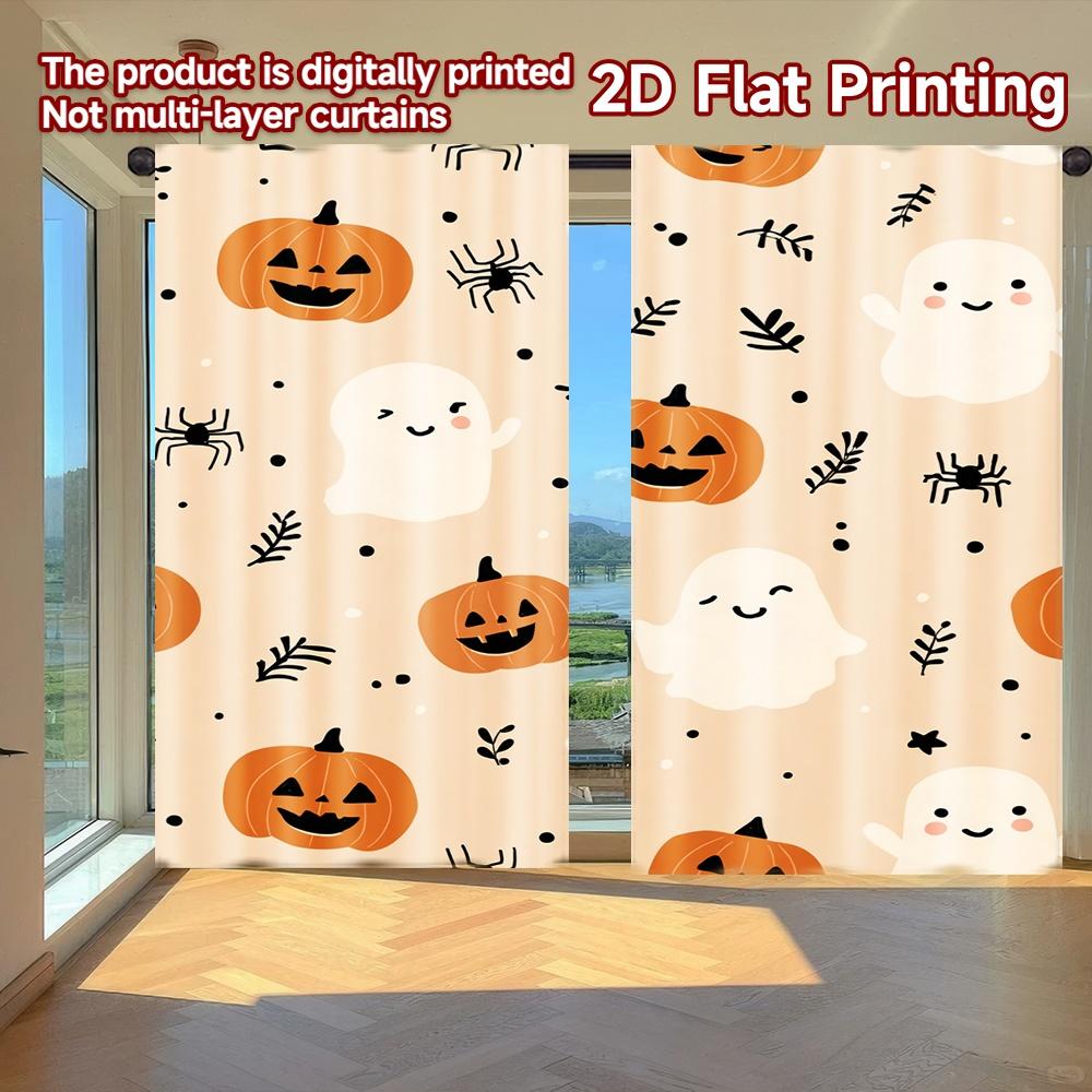

Flat Printing Curtains Without Rod Halloween Ghosts Pumpkins Holiday April Fools Is Day Printed Curtain Set Of 2 Made Polyester Washable W100*H70(CM)-Grommet top&1PCS