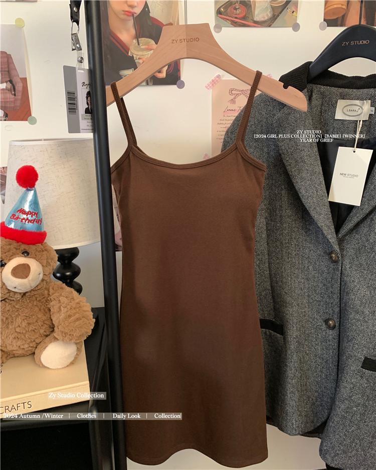 

Brushed Slim-Fit Camisole Dress with Bust Pads - Versatile Short Skirt for Women, Autumn-Winter Sexy Style One Size