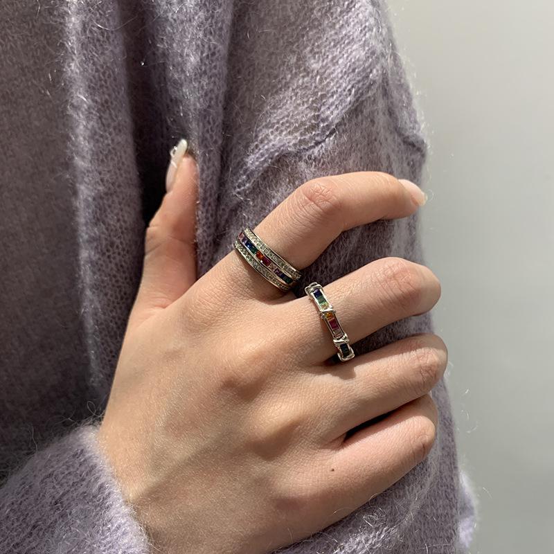 Rainbow Zircon Ring Women'S Light Luxury Niche Design Sense Diamond-Set Exquisite High-End Sense Cold Wind Fashion Personality