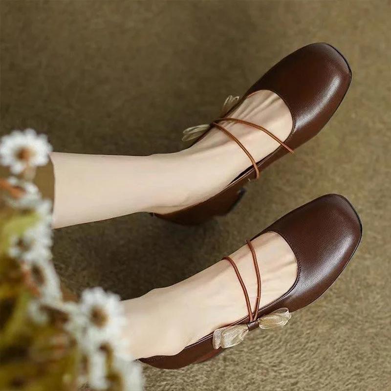 Fashion Square Toe Women Mary Janes Shoes Mid Heels Bow Elegant Woman Pumps 2025 Trend Brand Fashion Lolita Sandals Women’s Zapatillas