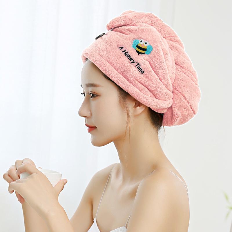 Classic Coral Fleece Embroidered Quick-Dry Hair Cap - Thick, Water-Absorbent & Shed-Resistant
