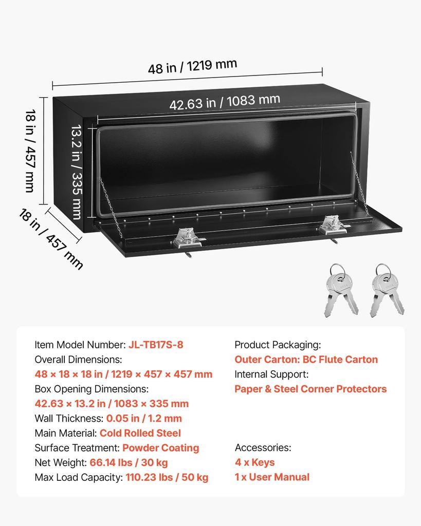 Underbody Truck Tool Box, 1219 x 457 x 457 mm Heavy Duty Steel Trailer Storage Box with Lock & Keys, Waterproof Trailer Storage Organizer Under Body