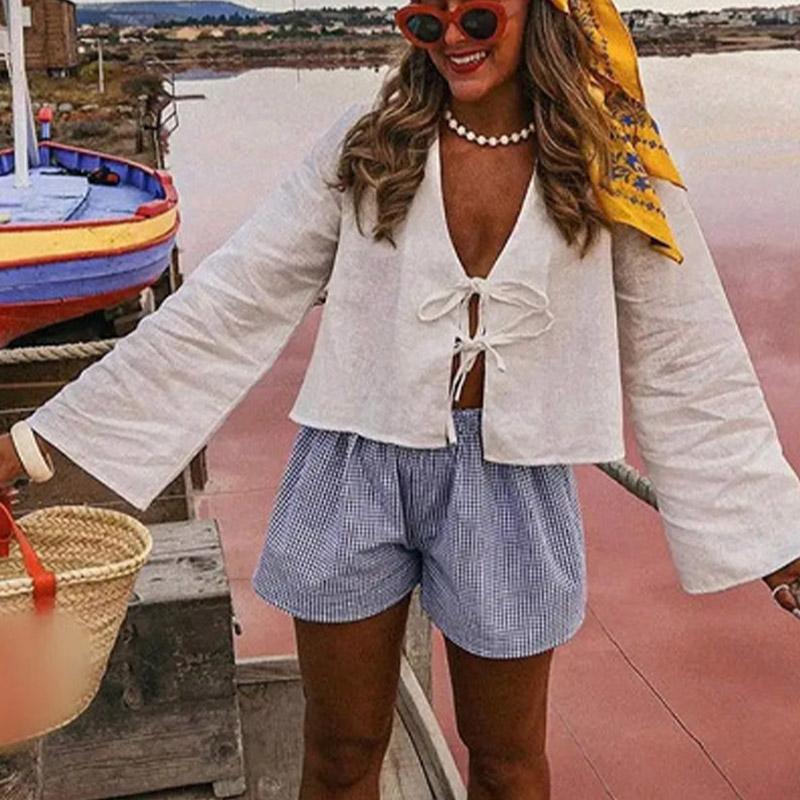 2025 Sommer Hvite Snøreskjorter for Kvinner Elegant Løs Langermet V-hals Bluse Dame Ensfarget Casual Street Chic dame Topper