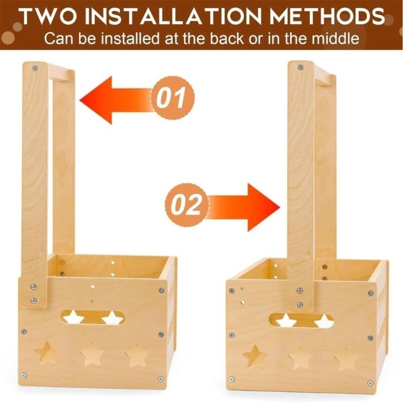 Handmade Baby Showers Wooden Organiser Basket Easy Assembly Wood Toy Storage Crate with Long Handle Christmas Gift