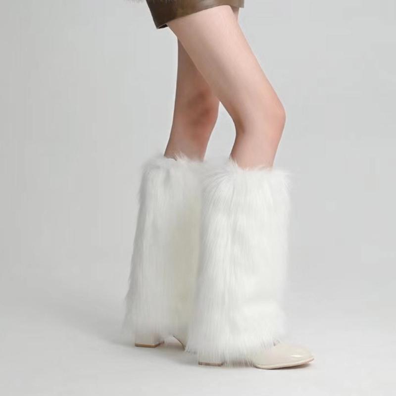 Women's Fuzzy Faux Furs Leg Warmers Furs Heels Long Boots Cuffs Cover One Pair Carnivals Boot Cover Y2K JK Uniform Socks