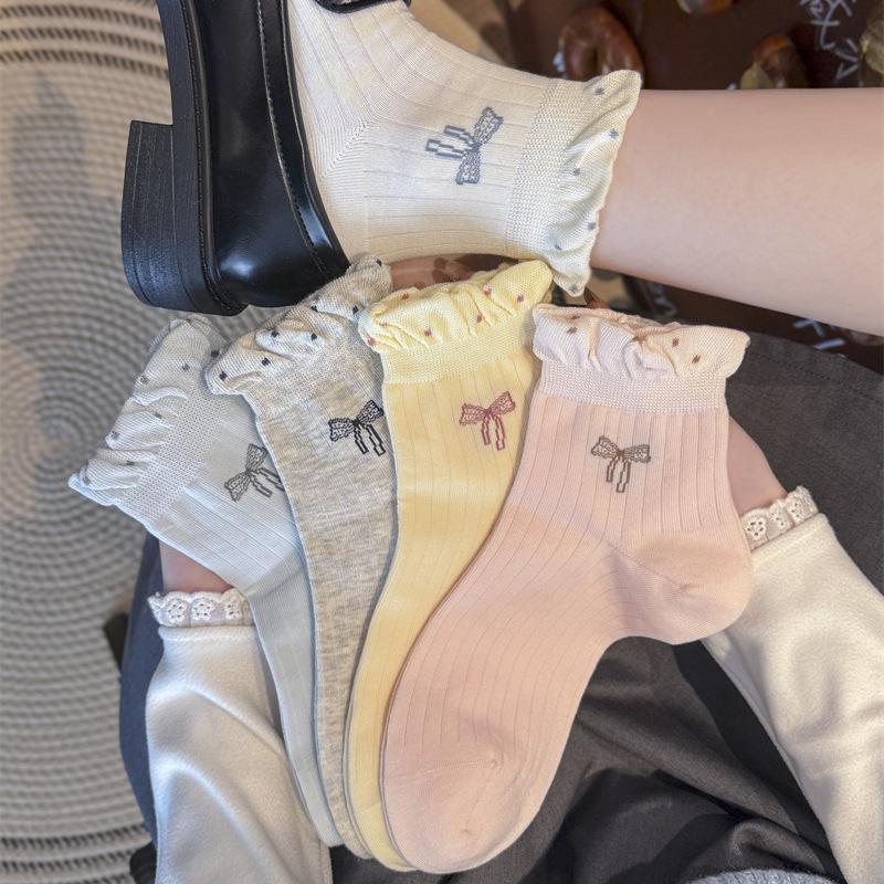 Women's Polka Dot Bowknot Ankle Socks - Thin, Non-slip Cotton for Spring, Summer, Autumn