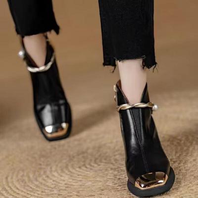 Markendesign Metallketten-Stiefeletten Damen 2025 Herbst Elegant Eckige Zehenpartie Mittelhohe Absätze Stiefel Seitlicher Reißverschluss Moderne Metallspitze Stiefeletten