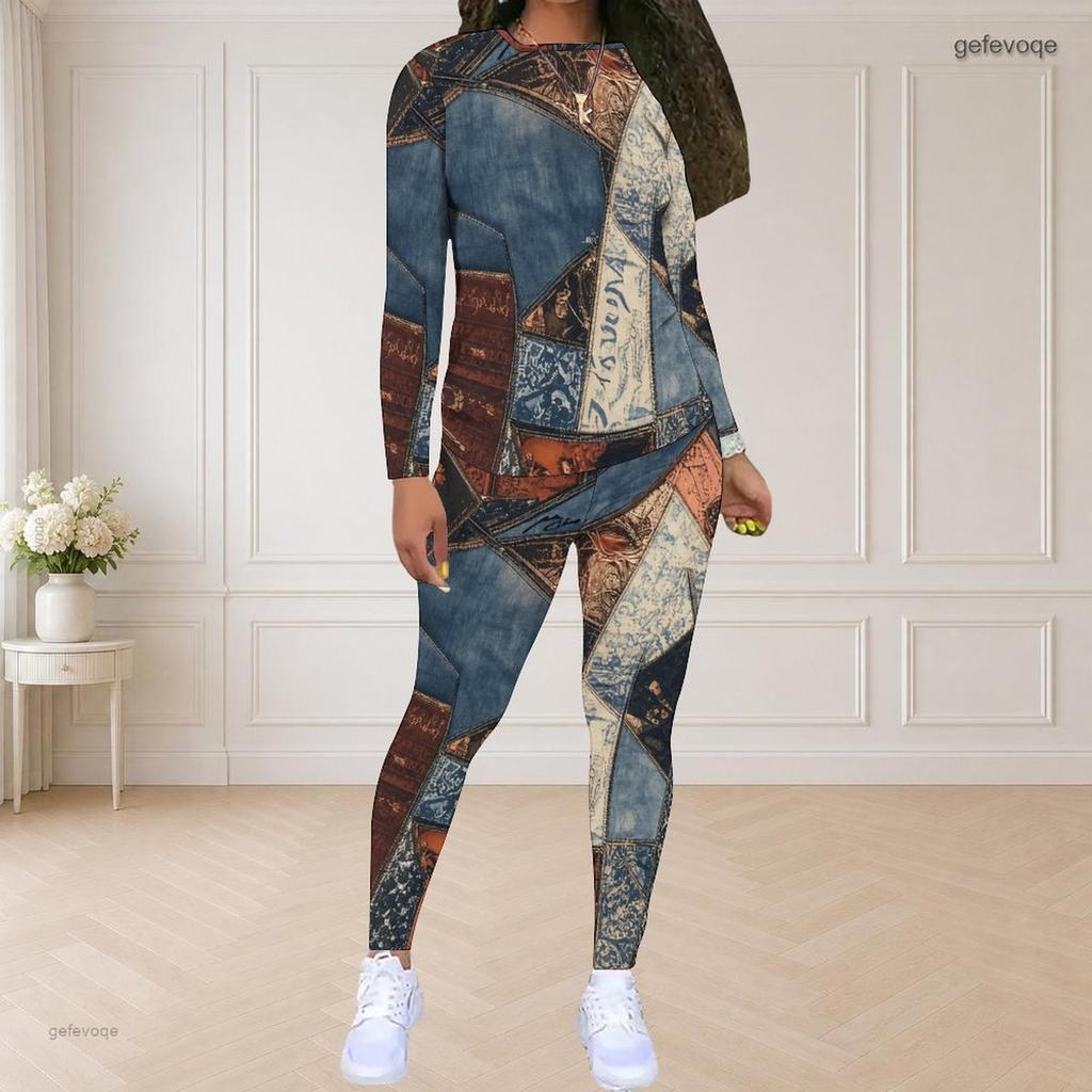 Women Plus Size Two Piece Set Round Neck Long Sleeve Printed Top And Fitted Pants