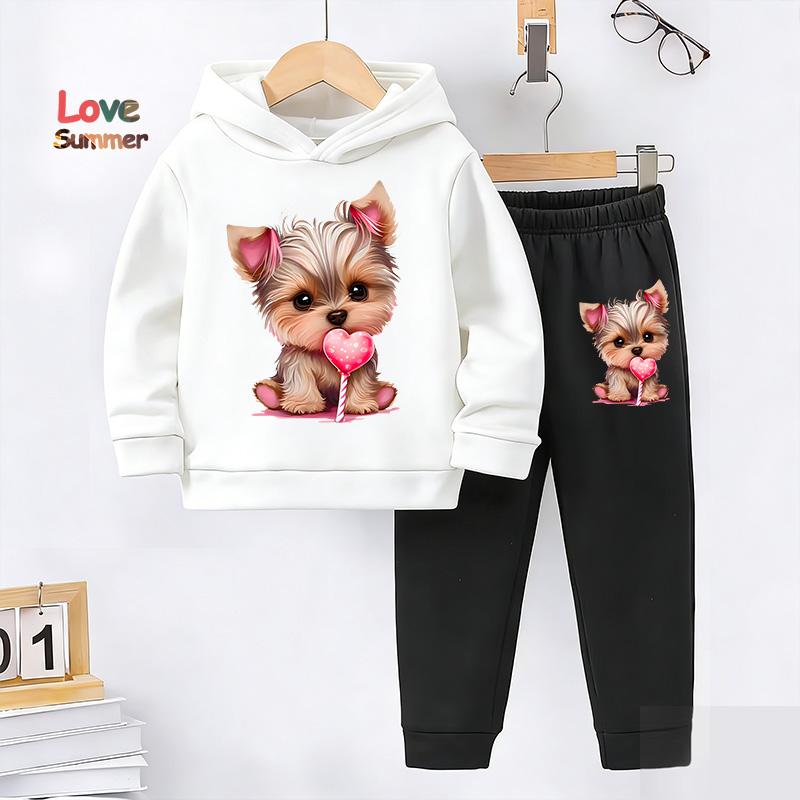 Girls Autumn And Winter Hoodies hoodie pant 2pcs cute Dog Prints Lined With Warm Fleece Paired With Sports Pants Tracksuit