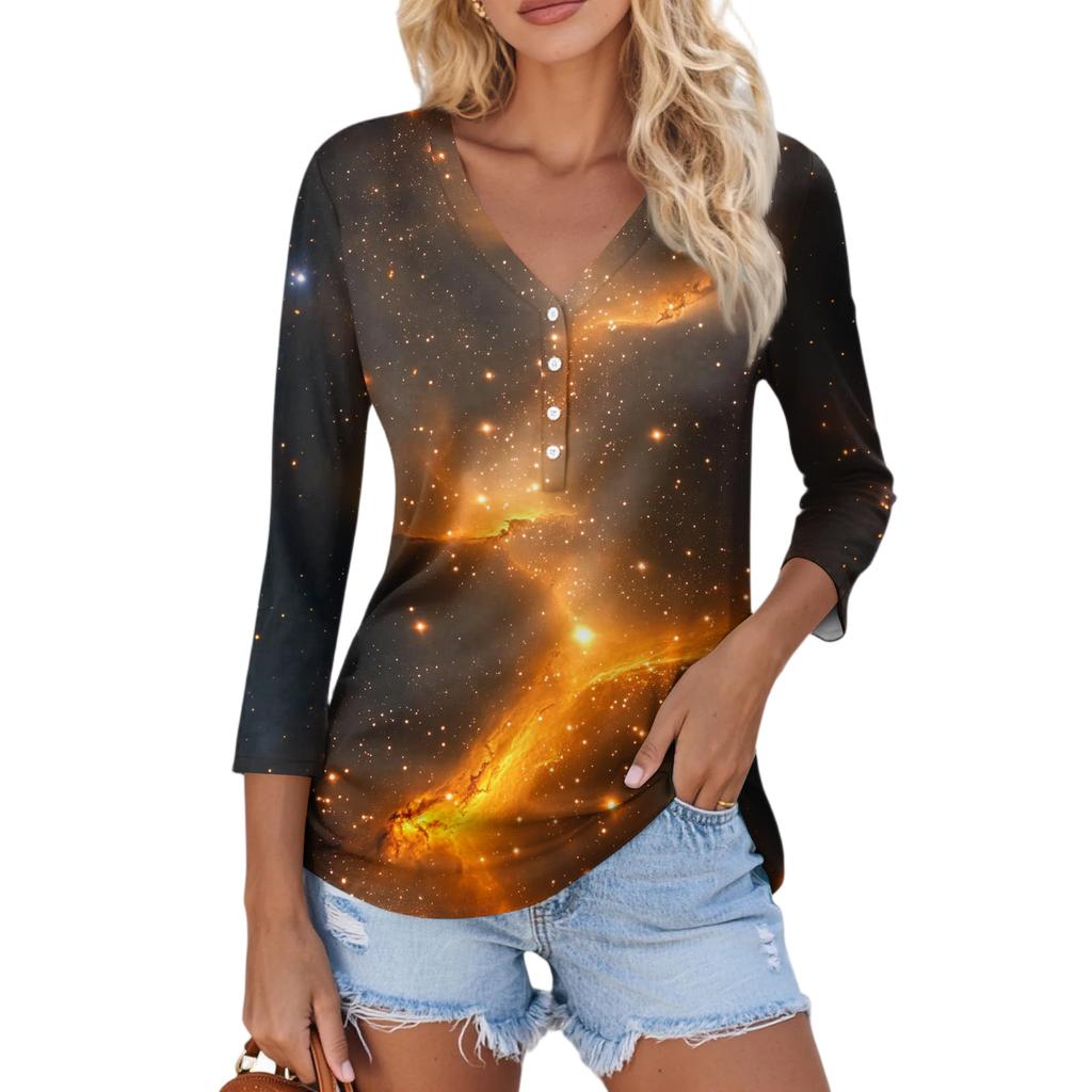 Women's Casual Fashion Sexy Comfortable Christmas Print V-Neck Button Three-quarter Sleeve Top