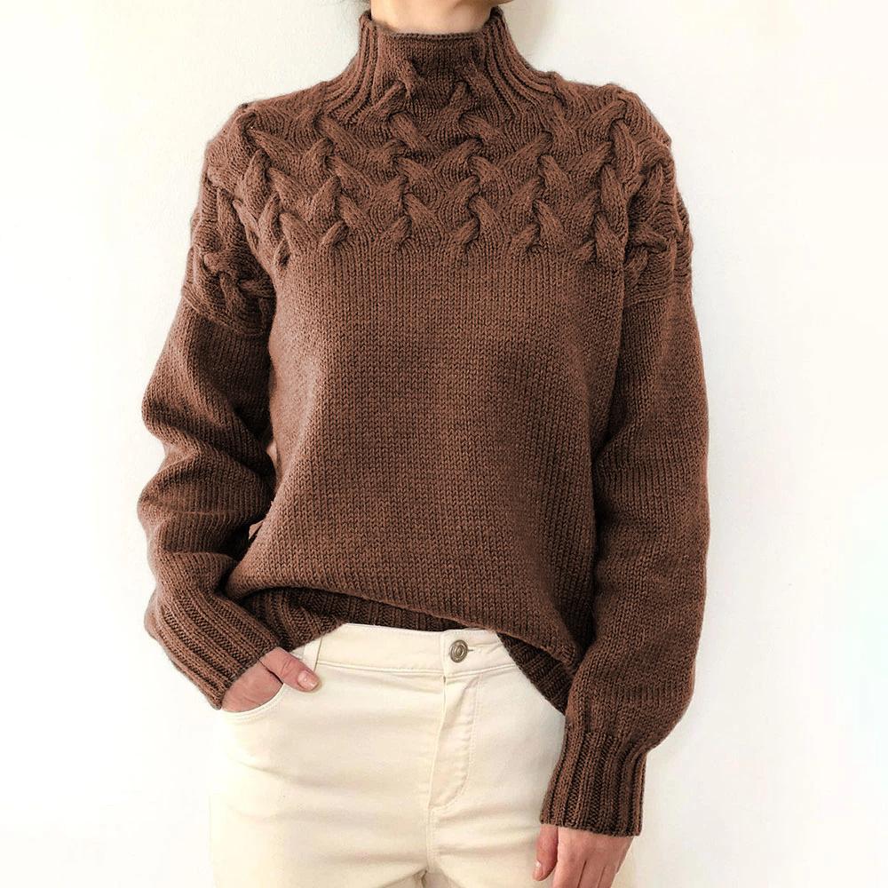 Damen Pullover mit Zopfmuster, hohem Kragen und langen Ärmeln