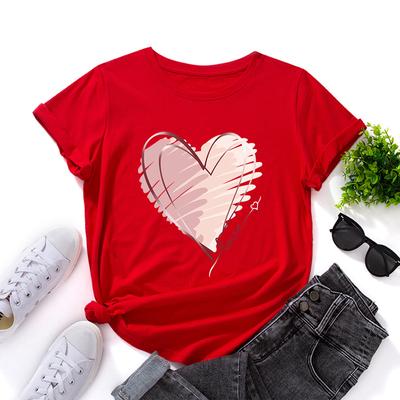 Fashion Heart Cotton T-Shirt Short Sleeve Round Neck Women 2d Print Tops