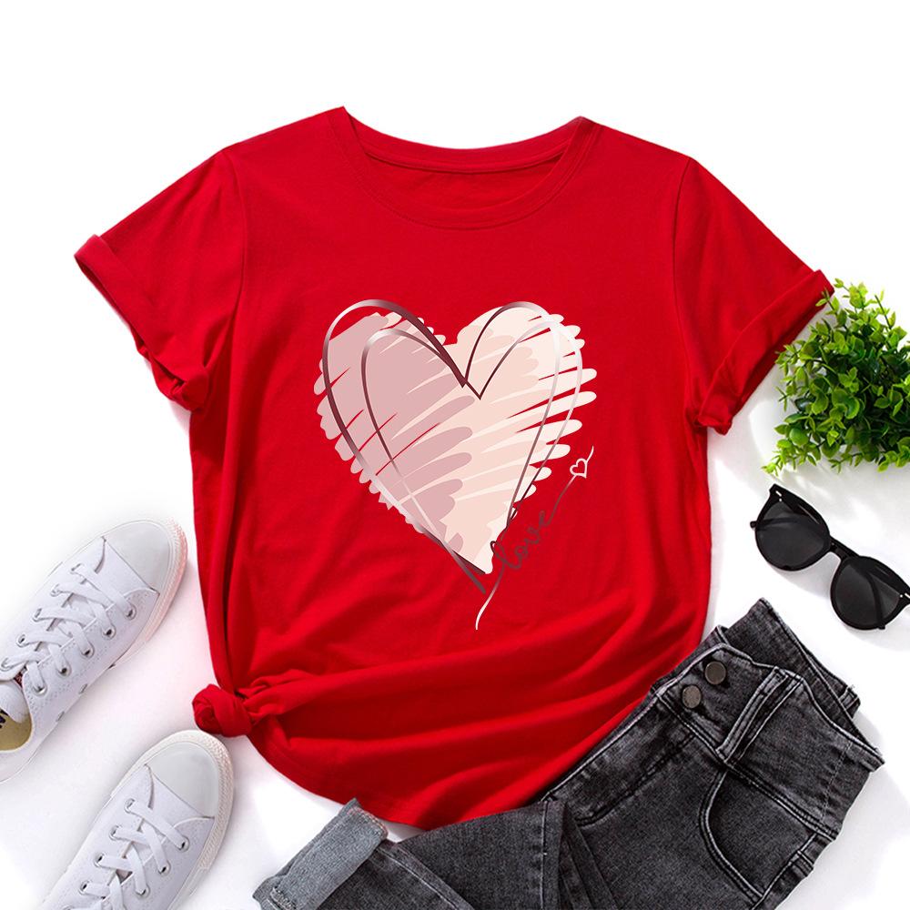 Módní bavlněné tričko s potiskem srdce, krátký rukáv, kulatý výstřih, dámské topy s 2D potiskem