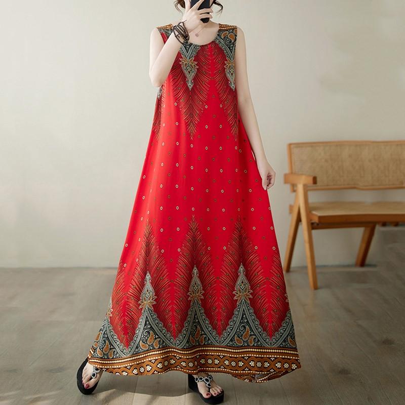 

Новое винтажное хлопковое атласное платье без рукавов больших размеров для женщин, повседневное свободное длинное летнее платье красный