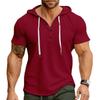 Camiseta Masculina de Verão com Textura Waffle, Manga Curta, Ajuste Slim, com Capuz e Cordão, Estilo Rugby