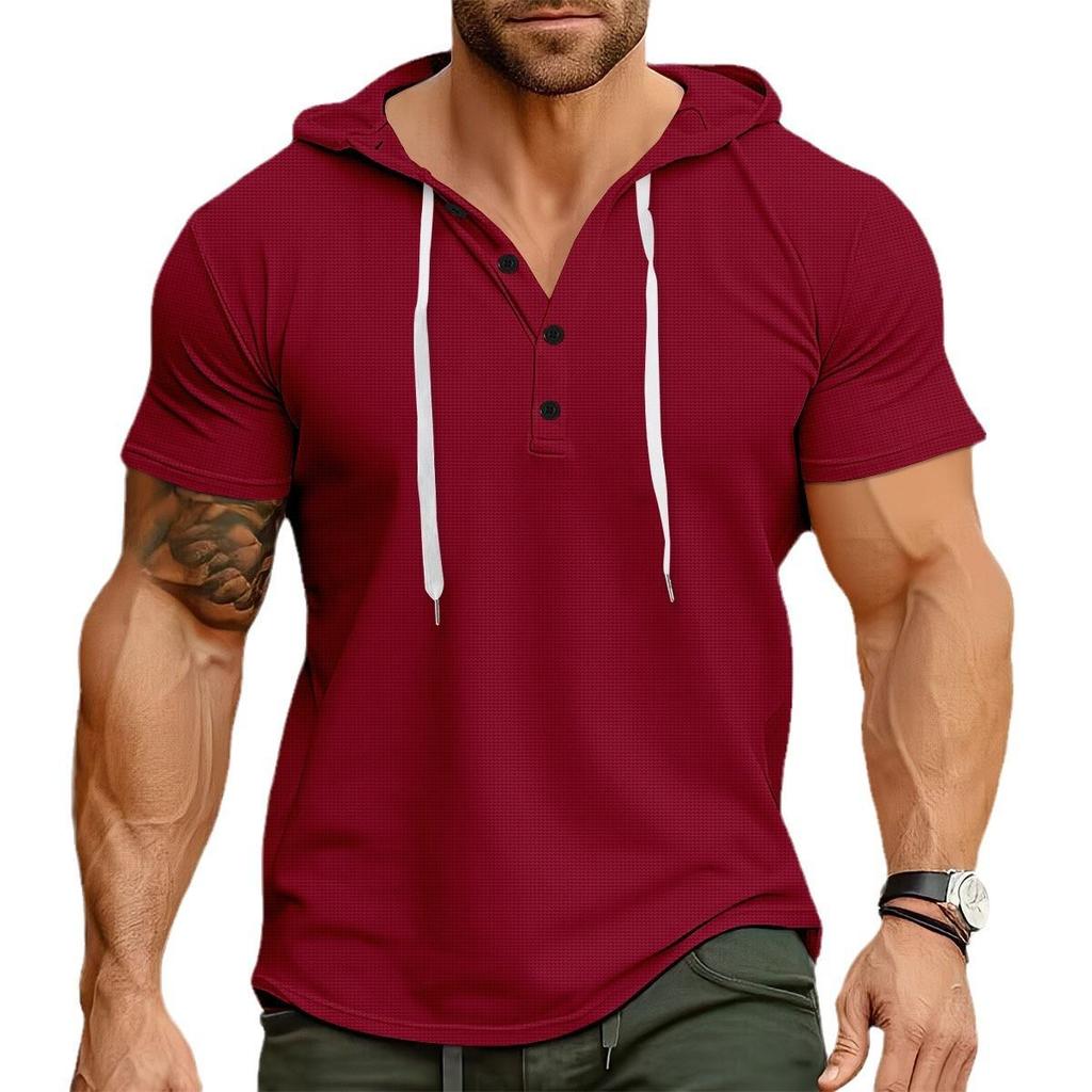 Camiseta Masculina de Verão com Textura Waffle, Manga Curta, Ajuste Slim, com Capuz e Cordão, Estilo Rugby
