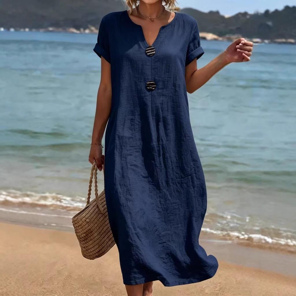 Summer European and American New Seaside Vacation White Women's Casual Solid Color Cotton and Linen Dress Mixed Batch