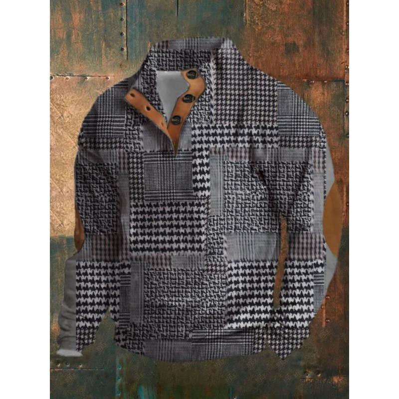 

Men s Style Vintage Half Zip Stand Collar Loose Casual Sweatshirt Autumn Winter Style Printed High Neck Top S серый