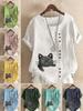 Women's Fashion Cat Printing Casual Cotton Linen Short Sleeve Round Neck T-shirt Shirt Leisure Loose Summer Blouse Tops