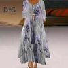 Spring Fall Dress with Pockets Vintage Flower Printing V Neck Irregular Layerd Hem Loose A-line Maxi Dress for Daily Work Party